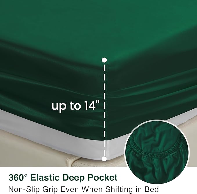 Love's cabin Satin King Sheet Sets - 4 Piece Dark Green Silky Sheets King Size Bed with Deep Pocket, Luxury Silk Feel King Size Satin Sheet Set (1 Flat Sheet,1 Fitted Sheet,2 Pillow Cases)