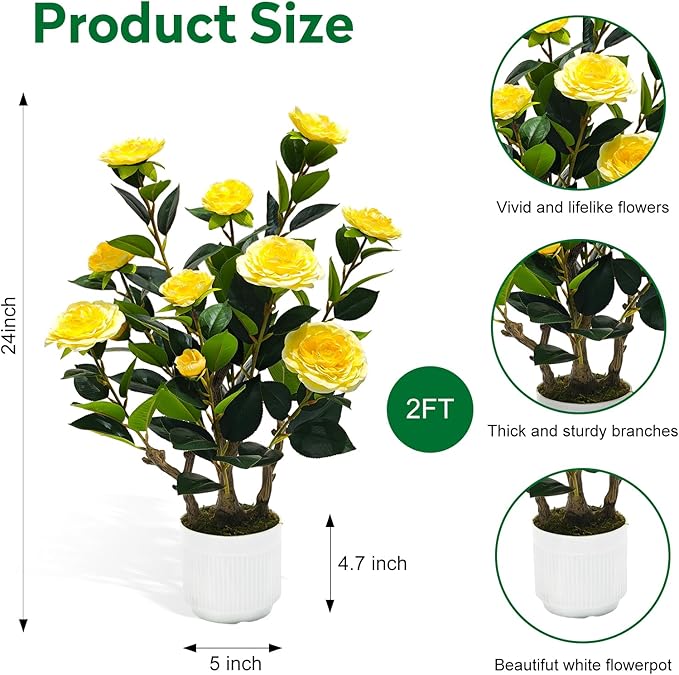 2Pack Artificial Camellia Tree, 2FT Fake Tree Blooming Camellia Flower Plant for Spring Home Front Door Outdoor Indoor Decoration,Yellow
