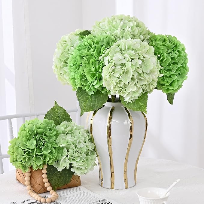 4 Pcs Real Touch Hydrangea Artificial Flowers, 21" Light Green & Dark Green Full Faux Hydrangea Flowers Latex Fake Flowers for Home Decor Party Floral Arrangements Wedding Bouquets Outdoor Decor