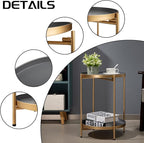 HollyHOME 2-Tier Round Gold Side Table, Outdoor Small Folding Accent Stand with Removable Tray, Anti-Rust Metal Asional Table for Balcony Patio Living Room, Nightstand for Bedroom(Gold&Grey)