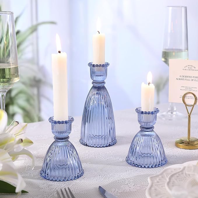 6 Pcs Blue Glass Candlestick Holders (3.5"/6", Assorted)- Tall Taper Candle Holders with Vintage Design, Candle Stick Holders in Bulk for Party Decorations, Blue Candle Holder for Tapered Candles