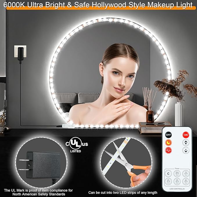 LED Vanity Mirror Lights for Makeup Dressing Table Vanity Set 13ft Flexible LED Light Strip Kit 6000K Daylight White with Dimmer and Power Supply, DIY Mirror, Mirror not Included