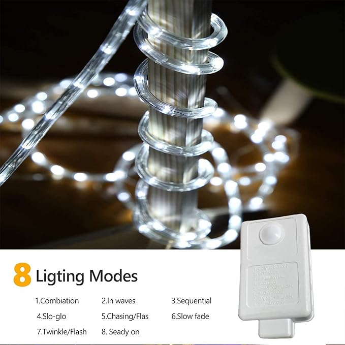 50ft 360 LED Rope Lights Outdoor, Connectable and Flexible Tube Lights with 8 Modes, Waterproof Indoor Outdoor LED Rope Lighting for Deck, Garden, Pool, Patio, Indoor Outdoor Decorations (White)