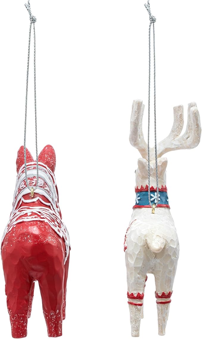 DEMDACO Cozy Time Red, White 3.5 x 3 Inch Resin, Polyester Christmas Tree Decoration, Festive Holiday Décor, Hanging Ornaments, Set of 2, Scandinavian Lucky Horse and Deer
