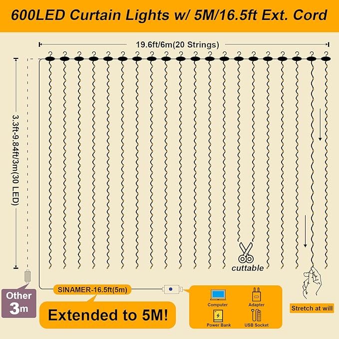600LED Curtain Lights for Bedroom, 19.6ft x 9.8ft Fairy Curtain String Light with 24 Hooks, 8 Modes Hanging Lights for Wedding, Party, Backdrop, Window, Xmas Decor, Warm White