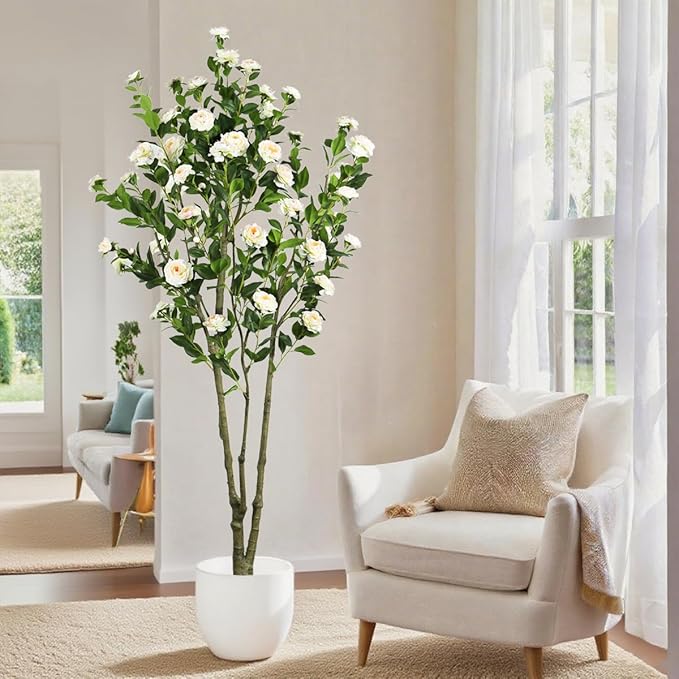 6.89ft Faux Camellia Tree, Handmade Artificial Floral Camellia Tree, Fake Pink White Blooming Flowers Green Leaves, Artificial Plants for Home Front Door Decor Indoor Outdoor Party Wedding