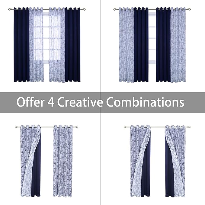 BONZER Mix and Match Curtains - 2 Pieces Branch Print Sheer Curtains and 2 Pieces Blackout Curtains for Bedroom Living Room Grommet Window Drapes, 54x95 Inch/Panel, Indigo, Set of 4 Panels