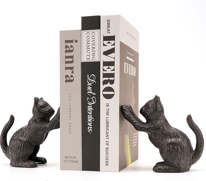 Ambipolar Cat Decorative Bookends, Unique Book Ends to Hold Books Heavy Duty for Office Desk, Vintage Antique Black Home Decor, Shelf Decoration, Modern Living Room Decor