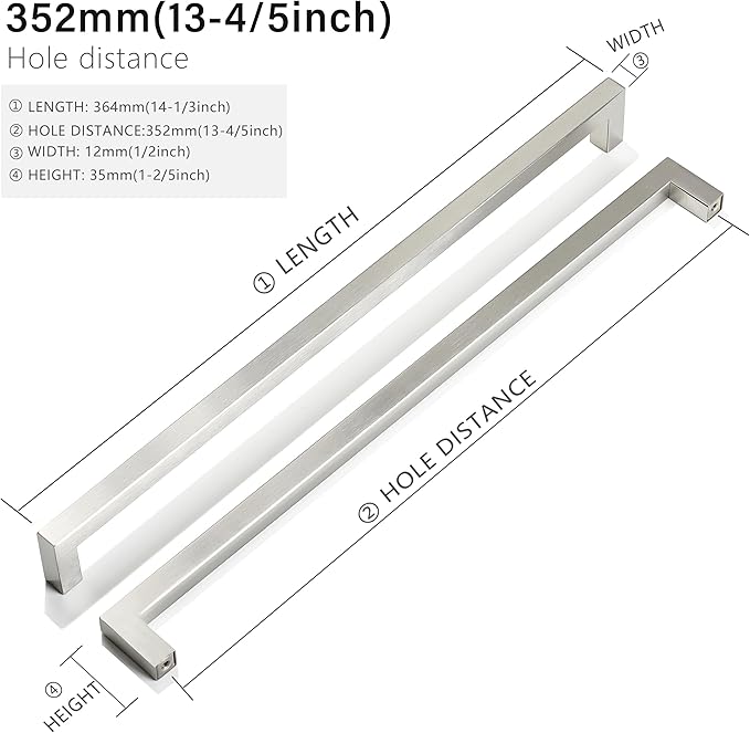 Cabinet Pulls Brushed Nickel Cabinet Handles Square Drawer Pulls, 2 Pack 13-4/5 Inch Stainless Steel Kitchen Door Cupboard Cabinet Handles, Cabinet Hardware Drawer Handles, 352mm Hole Centers