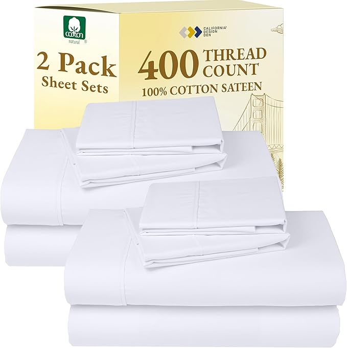 California Design Den 2-Pack Sheet Sets King Size - 400 Thread Count 100% Cotton Sateen - Extra Soft, Breathable & Cooling Sheets, Wrinkle Resistant, 2 Sets of Deep Pocket Bed Sheets - Bright White
