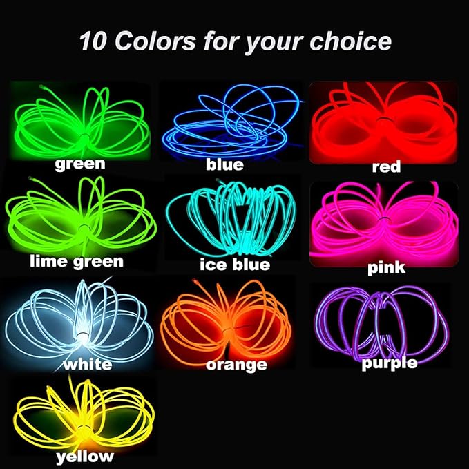MaxLax EL Wire Blue, 2M Portable Battery Pack Neon Light Strip 360° Cuttable Glowing Rope Lights for Parties, Halloween, DIY Decoration