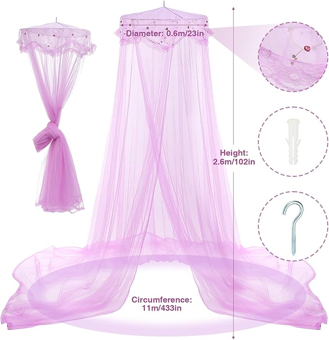 Jeteventy Bed Canopy for Girls, Princess Bed Curtain Net for Single to King Size,Bedroom Decoration of Round Lace Dome with Stainless Steel Hook,Quick Easy Installation (Purple)