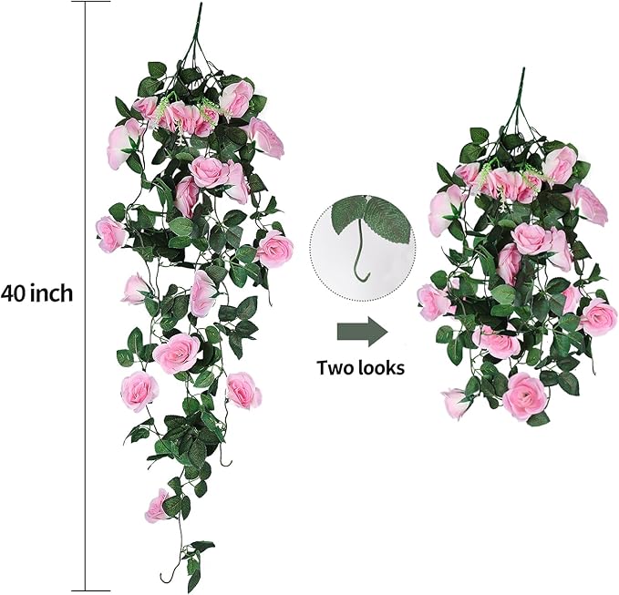 RECUTMS Fake Hanging Flower, 2PCS Artificial Rose Vine Plants Flowers Wedding Home Decoration and Wall Décor 3.3Ft (Pink)