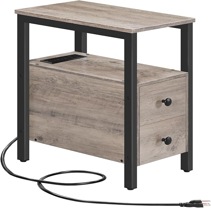 HOOBRO End Table with Charging Station, Narrow Side Table with 2 Drawers & USB Ports & Power Outlets, Nightstand for Small Spaces, Bedroom, Living Room, Stable and Sturdy, Greige and Black BG541BZ01