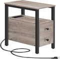 HOOBRO End Table with Charging Station, Narrow Side Table with 2 Drawers & USB Ports & Power Outlets, Nightstand for Small Spaces, Bedroom, Living Room, Stable and Sturdy, Greige and Black BG541BZ01