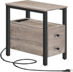 HOOBRO End Table with Charging Station, Narrow Side Table with 2 Drawers & USB Ports & Power Outlets, Nightstand for Small Spaces, Bedroom, Living Room, Stable and Sturdy, Greige and Black BG541BZ01