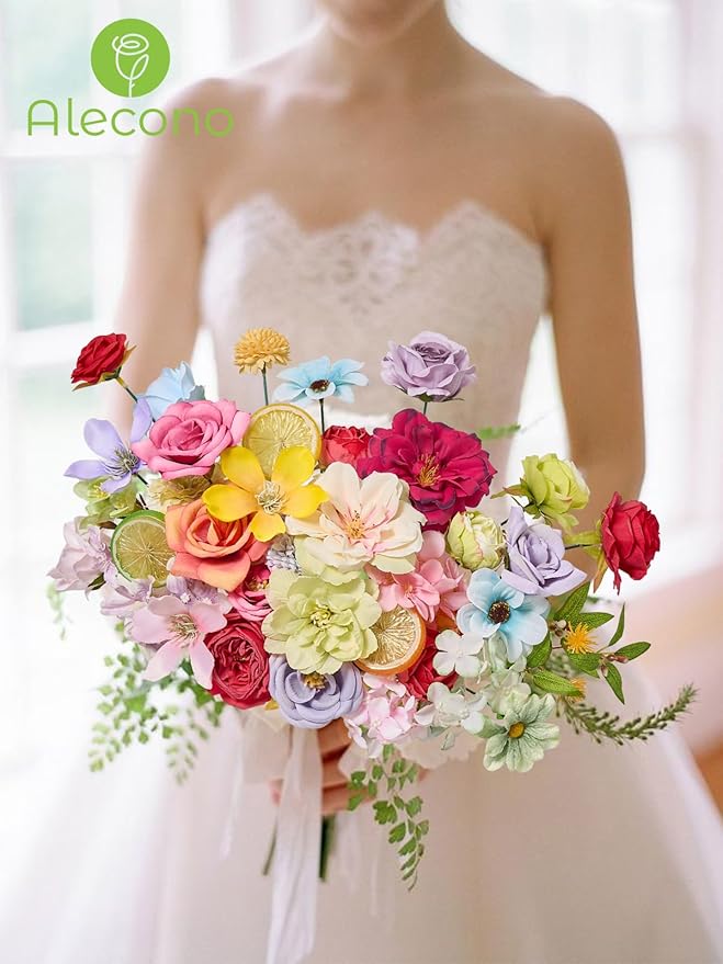 Alecono Artificial Flowers, Colorful Combo Silk Fake Flowers with Lemon Accessories for Cake Decorations, Home Table Centerpieces Birthday Party Decor