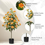 Artificial Camellia Tree 2 Pack, Artificial Plants Outdoor Faux Floral Plant in Cement Pot Fake Silk Camellia Tree Plants for Home House Living Room Office Decor
