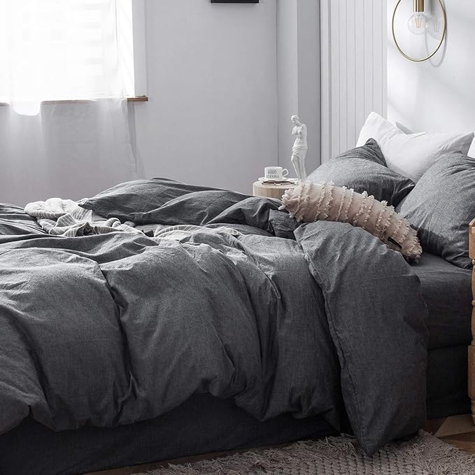 MooMee Bedding Duvet Cover Set 100% Washed Cotton Linen Like Textured Breathable Durable Soft Comfy (Heathered Dark Grey, Queen 90"x90")