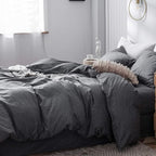 MooMee Bedding Duvet Cover Set 100% Washed Cotton Linen Like Textured Breathable Durable Soft Comfy (Heathered Dark Grey, Full 80"x90")