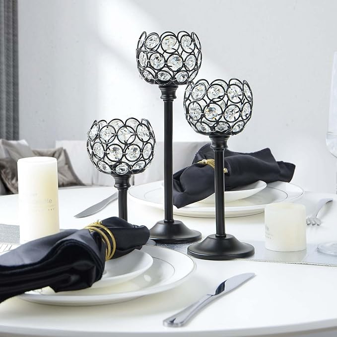 6pcs Crystal Candle Holder Set, 3 Sizes Tealight Candlestick Holders, Elegant Black Candelabra Bulk for Wedding Table Centerpiece, Fireplace, Home & Living Room Decor