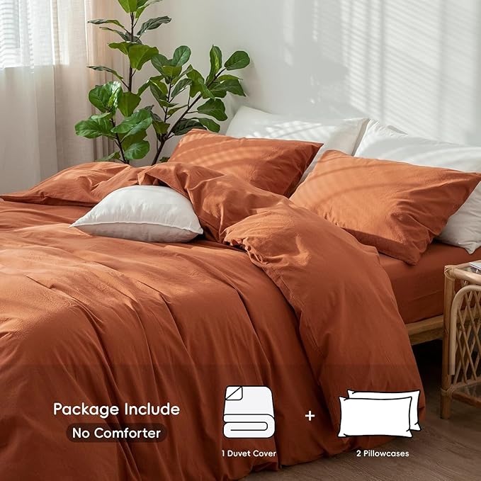 MooMee Bedding Duvet Cover Set 100% Washed Cotton Linen Like Textured Breathable Durable Soft Comfy (Solid Rust Brown, Full 80"x90")