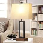 Table Lamps Set of 2 with 2 USB Ports and AC Power Outlet, Modern Bedside Lamp, Wood Nightstand Lamp with Linen Shade for Living Room Bedroom End Table Hotel Desk(LED Bulb Included)
