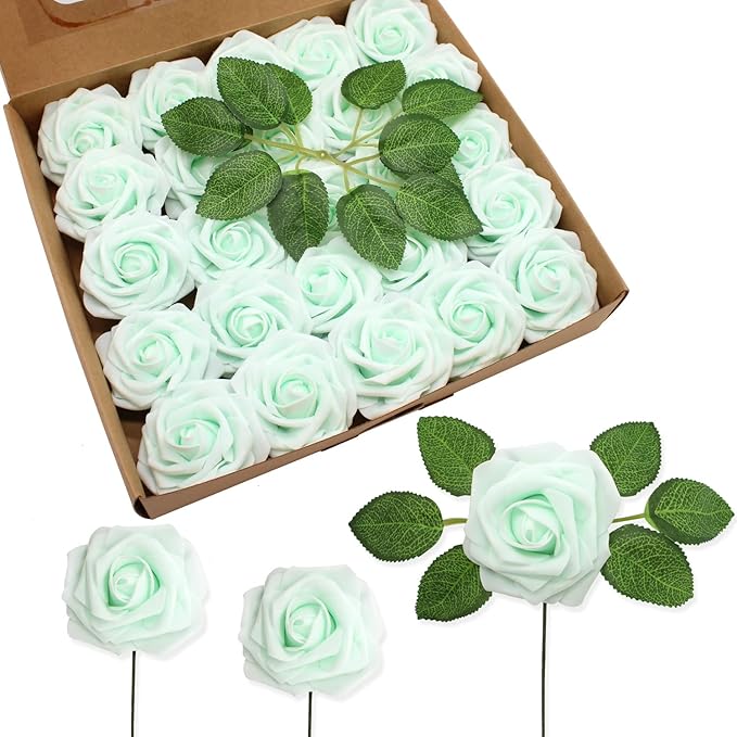 Artificial Flowers Realistic Roses, 25pcs Real Looking Fake Roses with Stem for DIY Wedding Bouquets Centerpieces Bridal Shower Party Home Romantic Decorations (Regular 3" - 25pcs, Light Green)