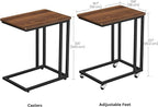 VASAGLE End Table, C Shaped TV Tray with Metal Frame Rolling Casters, Industrial Side Table for Living Room Bedroom, 19.7 x 13.8 x 23.6 Inches, Dark Walnut and Black