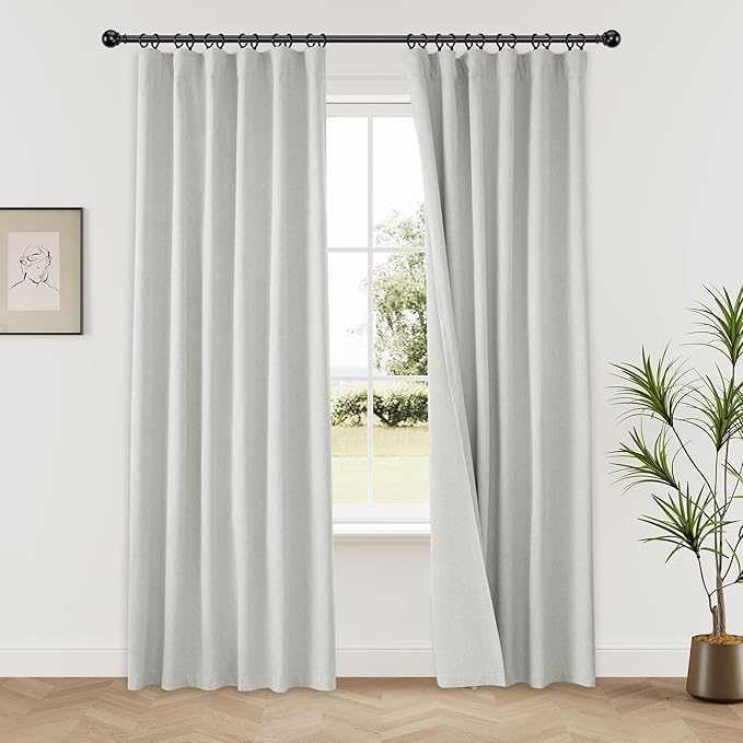 KangBang 90 Inch Linen Textured Curtains Blackout for Bedroom, Room Darkening Thermal Insulated Neutral Scandinavian Style Curtains, Back Tab Hook Belt Pleated Drapes(Greyish White,52Wx90L,2 Panels)