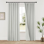 KangBang 90 Inch Linen Textured Curtains Blackout for Bedroom, Room Darkening Thermal Insulated Neutral Scandinavian Style Curtains, Back Tab Hook Belt Pleated Drapes(Greyish White,52Wx90L,2 Panels)