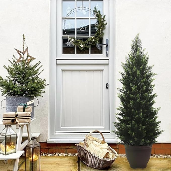 4FT Artificial Cedar Topiary Tree Lifelike Faux Cedar Pines Christmas Trees UV Rated Faux Shrubs Everygreen Plants for Front Porch Outdoor Decor Set of 2