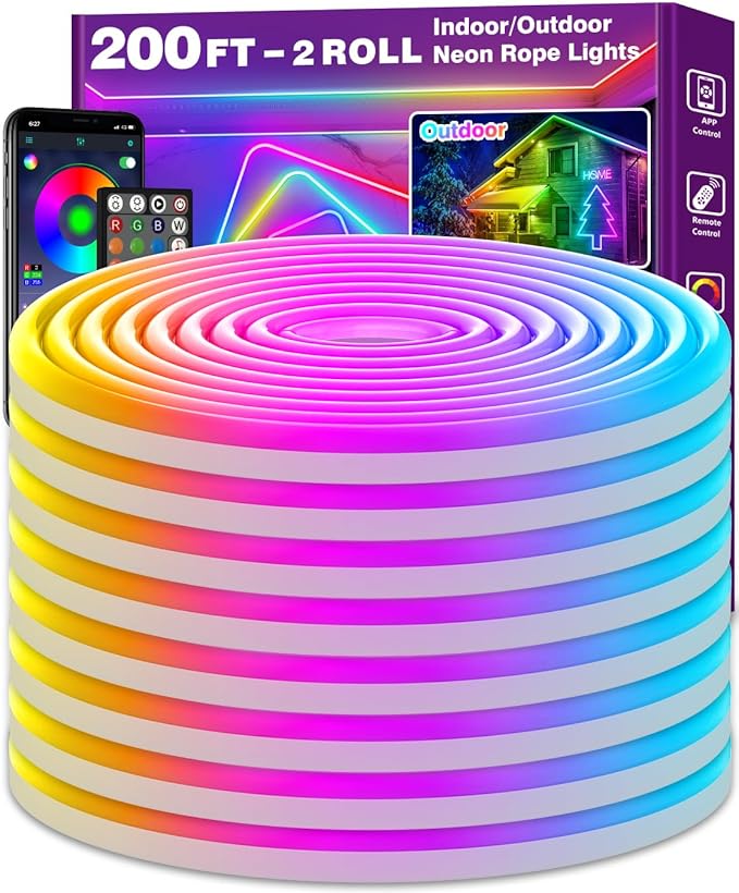 AILBTON 200Ft Neon Rope Lights,Flexible Led Rope Lights Control with App/Remote,Multiple Modes Rope Lights,IP65 Outdoor RGB Led Neon Light,Music Sync Gaming Led Neons Light Strip for Bedroom Decor