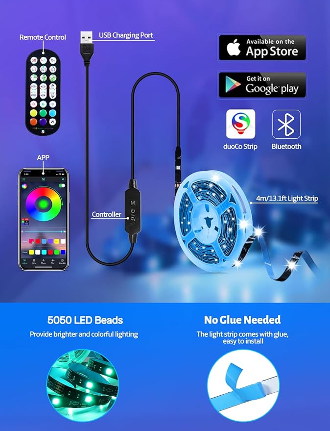 MATICOD LED Lights for TV, 13.1ft TV Lights for 45-60in, Music Sync Color Changing Tv Backlight with Bluetooth Smart App Remote Control, USB Powered RGB 5050 RGB Strip Light for Xmas Decor