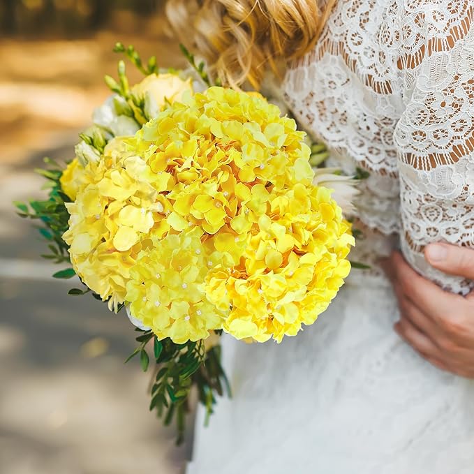 Auihiay 64pcs Hydrangea Artificial Flowers, Yellow Silk Hydrangea Heads with Stems, Hydrangea Flowers for DIY Wedding Centerpiece Baby Shower Home Party Decor (Yellow)