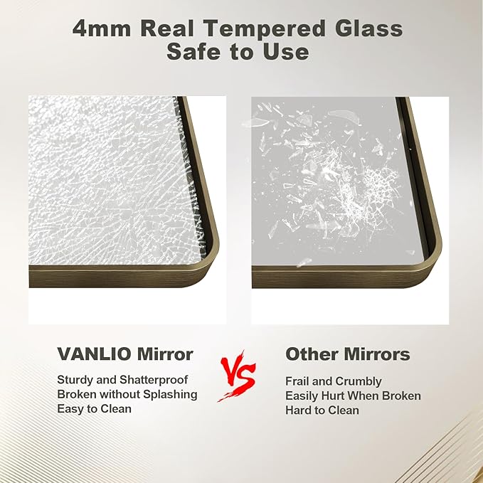28x36 Inch Bronze Framed Bathroom Mirror, Brushed Bronze Metal Vanity Mirror, Rounded Bronze Rectangle Mirror, Tempered Glass, Anti-Rust, Shatterproof (Horizontal/Vertical)