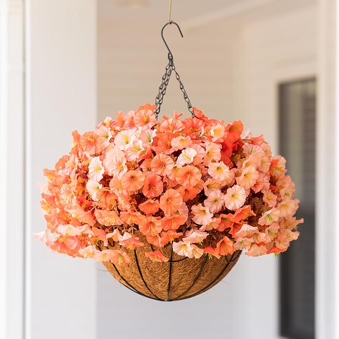 Artificial Fake Hanging Flowers with Basket for Fall Decoration, 12 Bundles Faux Silk Morning Glory Plants for Outdoor Planters, Realistic UV Resistant Artificial Flowers for Outside Porch Garden