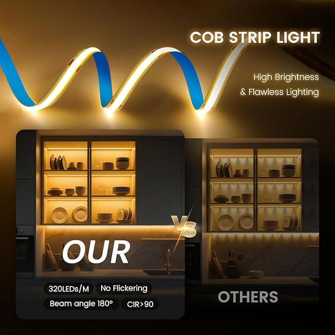 Battery Powered LED Strip Lights, COB Motion Sensor LED Strip Lights 20 inch x 3 Pack for Kitchen Under Cabinet Lighting, Shelves, Under Counter, Closet, Cordless Click Light, Warm White 3000K