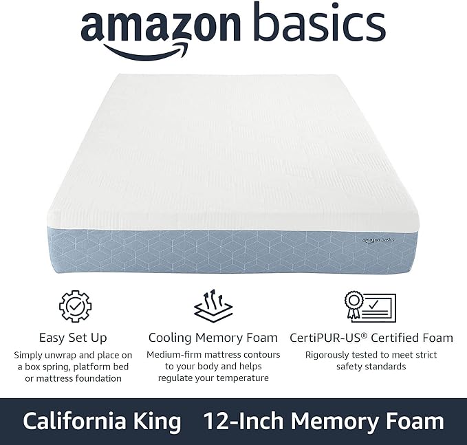 Amazon Basics Gel Memory Foam Mattress, Firm, Cooling, California King Mattress, CertiPUR-US® Certified Foam, 84 x 72 x 12 inches, White/Gray