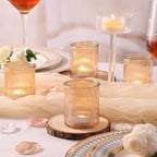 32pcs Ribbed Gold Votive Candle Holders for Wedding Table Decor, Tea Light Candle Holder Glass, Gold Candle Holders for Table Centerpiece, Diwali and Holiday Decorations