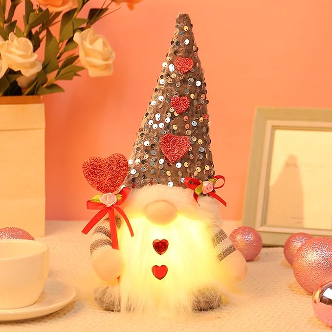 Light Up Gnome Valentine's Day Decorations Indoor Home Decor 11" Lighted Valentines Gnomes Decor Plush Scandinavian Tomte Elf Holiday Gnomes Ornaments Valentines Day Gifts for Her (Grey)