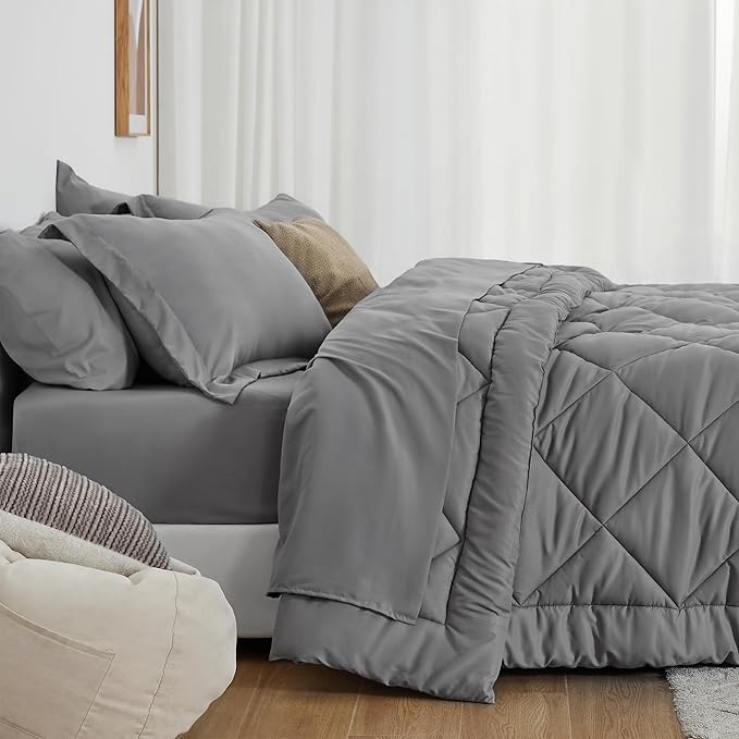 Love's cabin Queen Comforter Set Grey, 7 Pieces Queen Bed in a Bag, All Season Bedding Sets with 1 Comforter, 1 Flat Sheet, 1 Fitted Sheet, 2 Pillowcase and 2 Pillow Sham