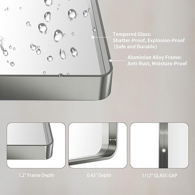 LOAAO 24X36 Inch Brushed Nickel Bathroom Mirror, Rounded Rectangle Silver Metal Frame Mirror, Brushed Nickel, Anti-Rust, Hangs Horizontally or Vertically