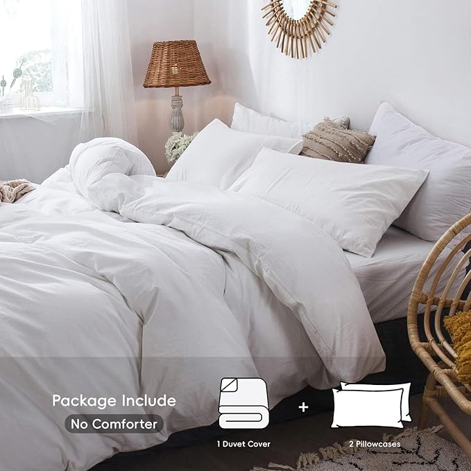 MooMee Bedding Duvet Cover Set 100% Washed Cotton Linen Like Textured Breathable Durable Soft Comfy (Solid Off White, Super King 108"x98")