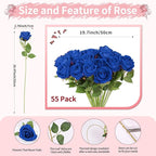 52 PCS Blue Artificial Roses Bulk, Fake Artificial Flowers Bridal Bouquet Silk Faux Rose with Stems for Wedding Flowers Decoration, Valentine's Day, Bridal Bouquet, Anniversary, Home Decor (52PCS)