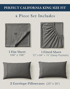 LANE LINEN 100% Organic Cotton California King Sheets Set, Fully Elasticized Reinforsed Seams in Fitted Pocket, Machine Washable All Season Cal King Sheet Deep Pocket Bedding-Charcoal
