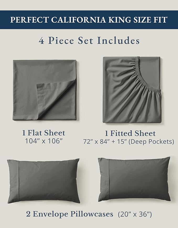 LANE LINEN 100% Organic Cotton California King Sheets Set, Fully Elasticized Reinforsed Seams in Fitted Pocket, Machine Washable All Season Cal King Sheet Deep Pocket Bedding-Charcoal
