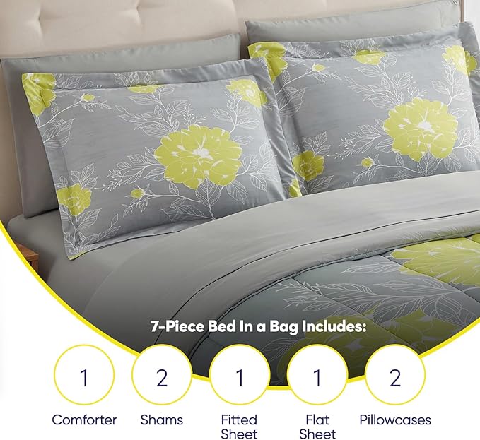 Sweet Home Collection 7 Piece Comforter Set Bag Solid Color All Season Soft Down Alternative Blanket & Luxurious Microfiber Bed Sheets, Florence, Full