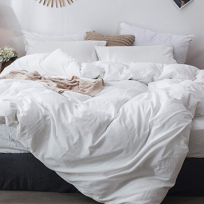 MooMee Bedding Duvet Cover Set 100% Washed Cotton Linen Like Textured Breathable Durable Soft Comfy (Solid Off White, Palatial King/Oversized King 120"x98")
