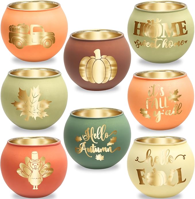 Set of 8 Fall Votive Candle Holder,Glass Tealight Holders with 6 Engraving Patterns,Thanksgiving Candlestick Holder for Home Wedding Table Centerpieces Decoration